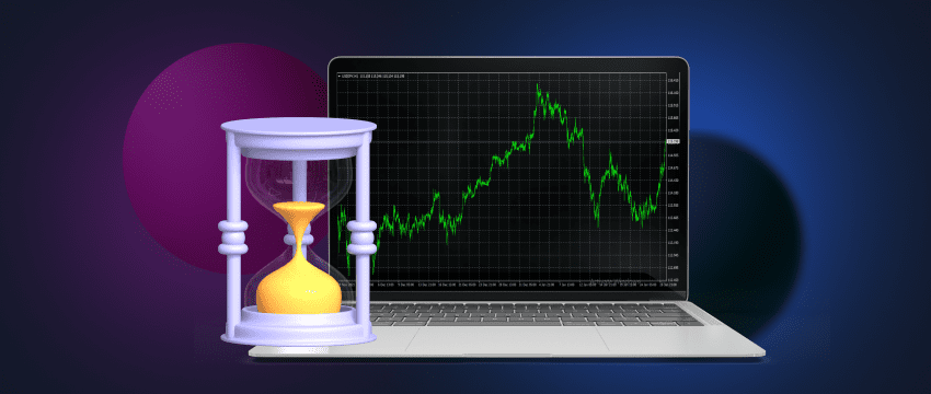 A laptop with forex data and an hourglass, symbolizing the value of patience in trading.