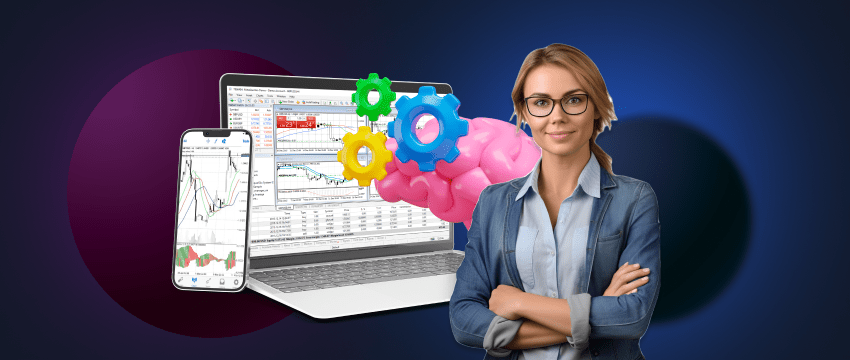 . A woman stands with her arms crossed, looking confidently at the camera while holding a laptop computer.
