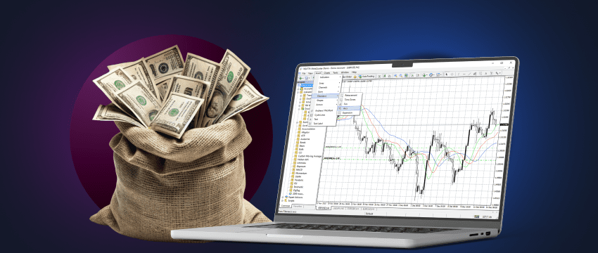 Cena de trading forex com um laptop e dinheiro, demonstrando o uso do MetaTrader 4 para negociações online.