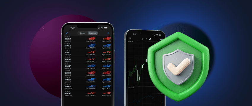 Smartphone with green shield, shield icon, symbolizing trust for Metatrader 4 Android download on tablet for mobile traders.