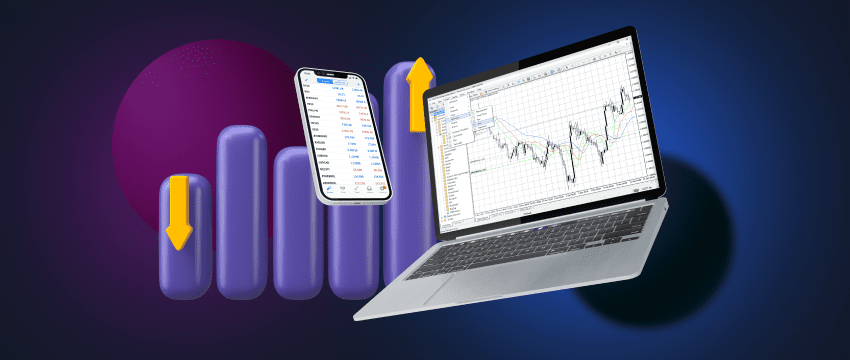 Laptop and phone with chart on screen, showing real-time forex trading data and prices