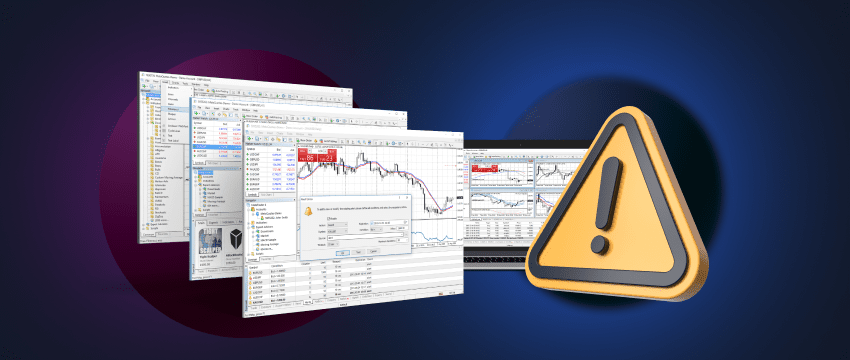 Warning sign and stock chart on computer screen illustrating forex market risks and warnings.
