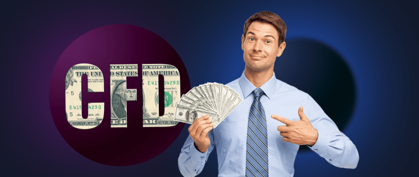 A professional holding money with a CFD logo behind him, illustrating the concept of making money with CFDs