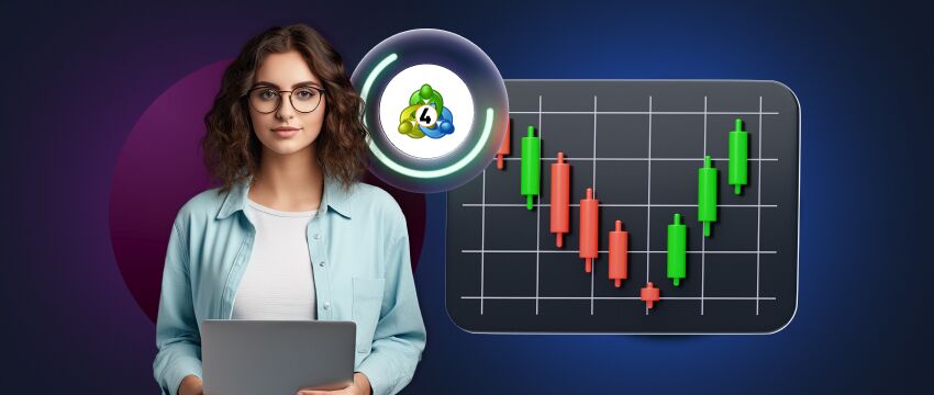 A woman holds a laptop displaying an upward arrow chart, symbolizing success in trading on the MetaTrader 4 platform.